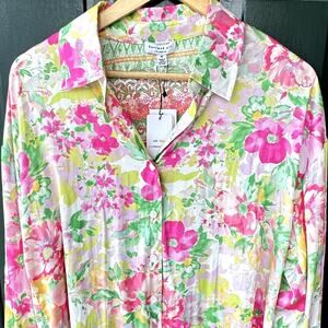 NWT Current Air Sz M Preppy Floral Matte Satin Blouse w/ Contrast Trim Summer